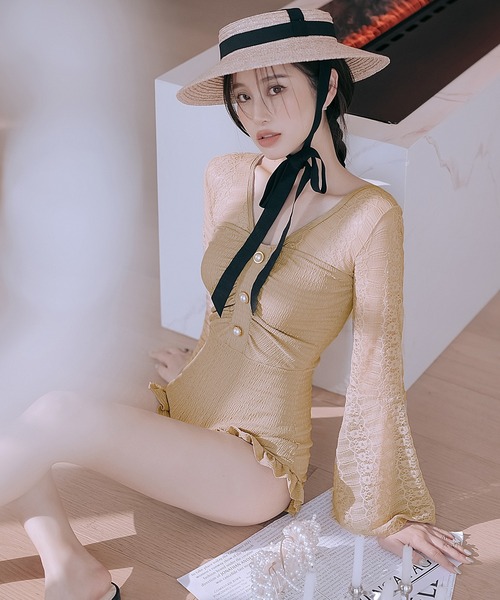 OSYAREVO（オシャレボ）の「ドッキングレース ベルスリーブ ワンピース 水着 レディース（水着・レディース・ベージュ・MEDIUM/LARGE/X-LARGE）」の6枚目の写真