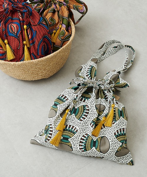 Pal collection（パルコレクション）の「アフリカ柄巾着バッグ（トートバッグ・レディース・カーキ/レッド/ホワイト・FREE）」の2枚目の写真
