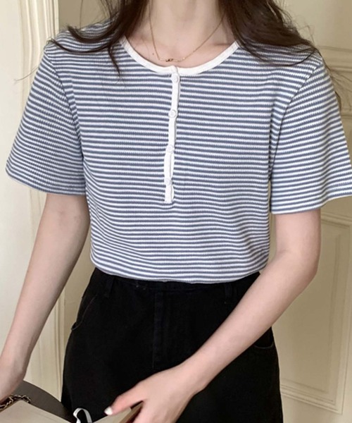Girly Doll(ガーリードール)の「ヘンリーネックボーダートップス(Tシャツ/カットソー・レディース・ブラック/パープル/ブルー/グリーン/グレー・FREE)」の5枚目の写真