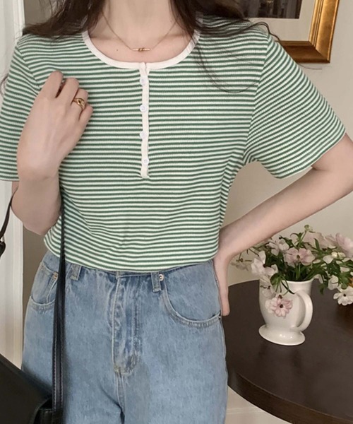 Girly Doll(ガーリードール)の「ヘンリーネックボーダートップス(Tシャツ/カットソー・レディース・ブラック/パープル/ブルー/グリーン/グレー・FREE)」の9枚目の写真
