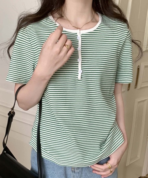 Girly Doll(ガーリードール)の「ヘンリーネックボーダートップス(Tシャツ/カットソー・レディース・ブラック/パープル/ブルー/グリーン/グレー・FREE)」の16枚目の写真