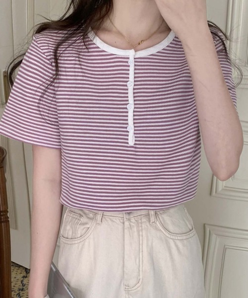 Girly Doll(ガーリードール)の「ヘンリーネックボーダートップス(Tシャツ/カットソー・レディース・ブラック/パープル/ブルー/グリーン/グレー・FREE)」の13枚目の写真