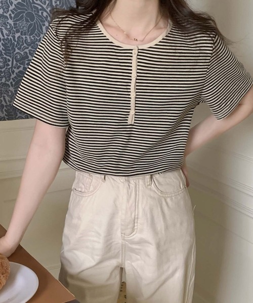 Girly Doll(ガーリードール)の「ヘンリーネックボーダートップス(Tシャツ/カットソー・レディース・ブラック/パープル/ブルー/グリーン/グレー・FREE)」の8枚目の写真