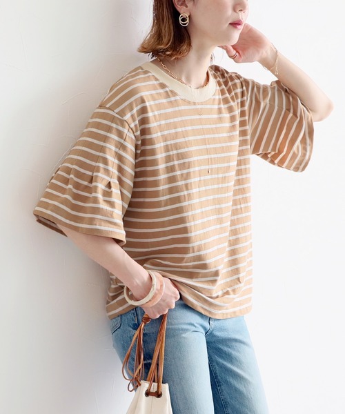 reca(レカ)の「袖タック入りボーダーTシャツ(Tシャツ/カットソー・レディース・ブラック/ホワイト/ブルー/ベージュ・FREE)」の12枚目の写真