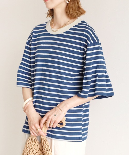 reca(レカ)の「袖タック入りボーダーTシャツ(Tシャツ/カットソー・レディース・ブラック/ホワイト/ブルー/ベージュ・FREE)」の16枚目の写真