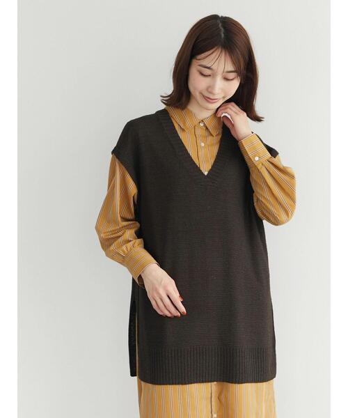 Green　Parks（グリーンパークス）の「テープヤーンニットVネックベスト（ベスト・レディース・ブラウン/グリーン/ライトベージュ・FREE）」の7枚目の写真