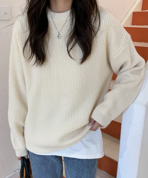 ECLIN（エクラン）の「オーバーサイズクルーネック畦編みプルオーバー（ニット/セーター・レディース・グリーン/アイボリー/モカ/ブルー系その他・FREE）」の5枚目の写真