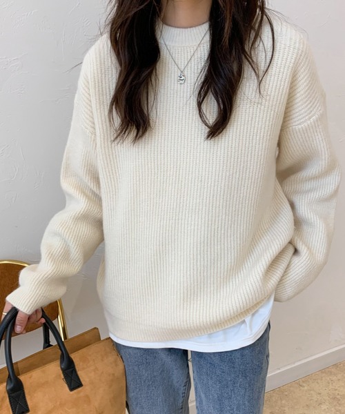 ECLIN（エクラン）の「オーバーサイズクルーネック畦編みプルオーバー（ニット/セーター・レディース・グリーン/アイボリー/モカ/ブルー系その他・FREE）」の6枚目の写真