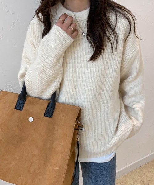 ECLIN（エクラン）の「オーバーサイズクルーネック畦編みプルオーバー（ニット/セーター・レディース・グリーン/アイボリー/モカ/ブルー系その他・FREE）」の8枚目の写真