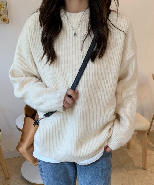 ECLIN（エクラン）の「オーバーサイズクルーネック畦編みプルオーバー（ニット/セーター・レディース・グリーン/アイボリー/モカ/ブルー系その他・FREE）」の17枚目の写真
