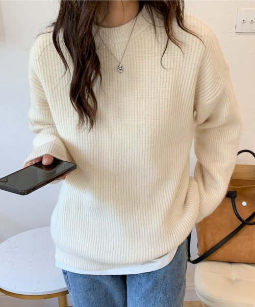 ECLIN（エクラン）の「オーバーサイズクルーネック畦編みプルオーバー（ニット/セーター・レディース・グリーン/アイボリー/モカ/ブルー系その他・FREE）」の18枚目の写真