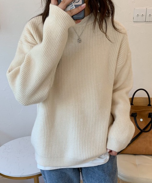 ECLIN（エクラン）の「オーバーサイズクルーネック畦編みプルオーバー（ニット/セーター・レディース・グリーン/アイボリー/モカ/ブルー系その他・FREE）」の19枚目の写真