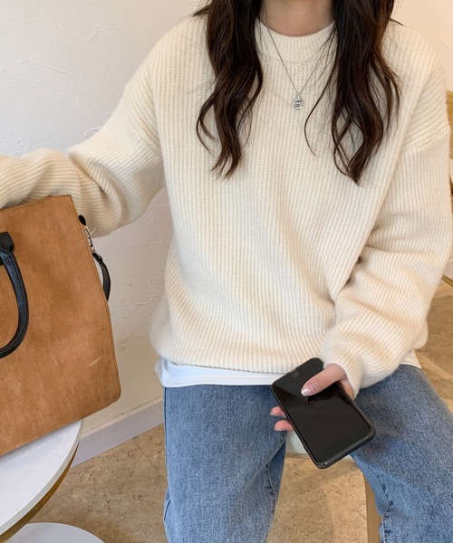 ECLIN（エクラン）の「オーバーサイズクルーネック畦編みプルオーバー（ニット/セーター・レディース・グリーン/アイボリー/モカ/ブルー系その他・FREE）」の21枚目の写真