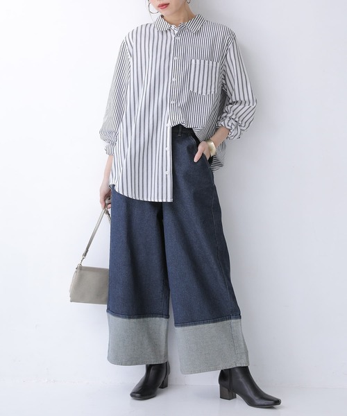 osharewalker（オシャレウォーカー）の「【廃盤】『裾折り返し風デザインワイドデニムパンツ』（デニムパンツ・レディース・ブルー/インディゴブルー・2/1）」の6枚目の写真