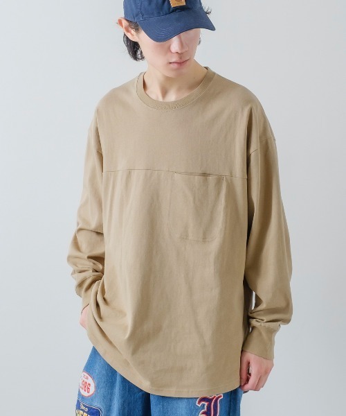 Tシャツ・カットソー Lyon pants beige USコットン 無地 オーバーサイズ フットボール 長袖Tシャツ（T