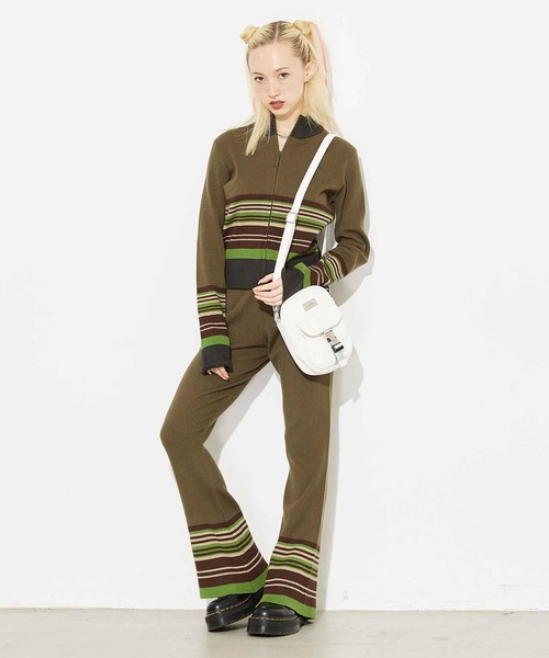 X-girl（エックスガール）の「PARTIAL STRIPE KNIT CARDIGAN（カーディガン/ボレロ・レディース・ブラック/グリーン/ベージュ・ONE SIZE）」の5枚目の写真