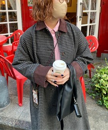 襟配色アソートチェック柄ステンカラーコート