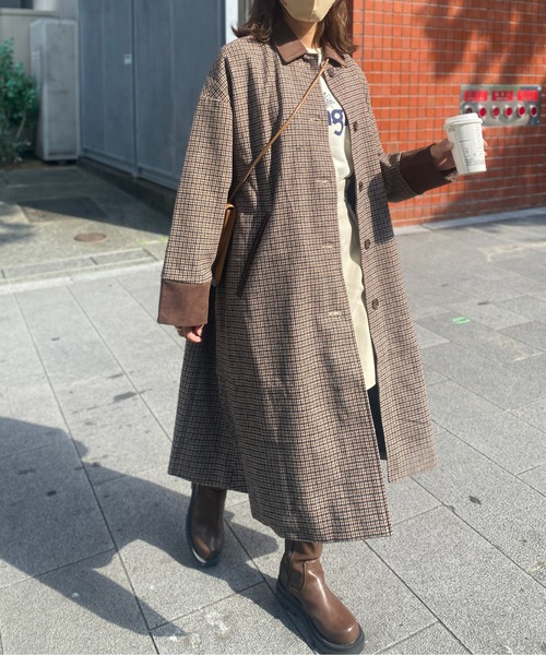 CPCM（シーピーシーエム）の「襟配色アソートチェック柄ステンカラーコート（ステンカラーコート・レディース・グリーン/ベージュ/ブラウン/ブラック・FREE）」の7枚目の写真