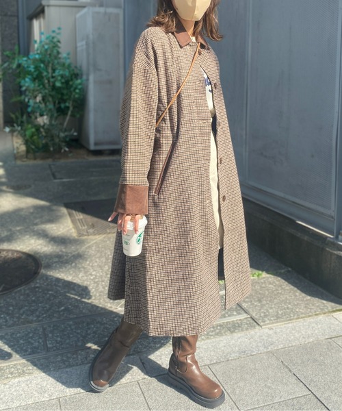 CPCM（シーピーシーエム）の「襟配色アソートチェック柄ステンカラーコート（ステンカラーコート・レディース・グリーン/ベージュ/ブラウン/ブラック・FREE）」の5枚目の写真