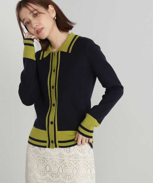 N.(N. Natural Beauty Basic)(エヌエヌナチュラルビューティーベーシック)の「◆カラートリミングニットシャツ(ニット/セーター・レディース・ホワイト系その他/グリーン系その他/ネイビー系・MEDIUM)」の1枚目の写真