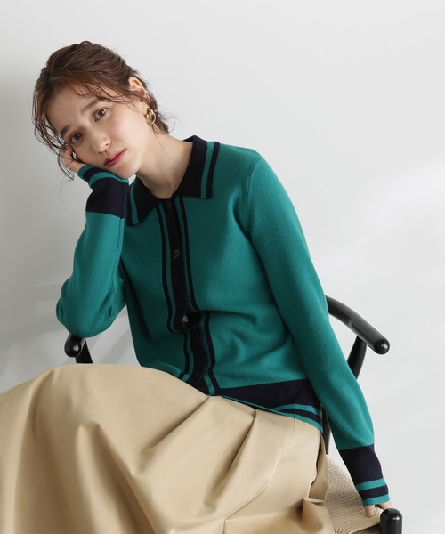 N.(N. Natural Beauty Basic)(エヌエヌナチュラルビューティーベーシック)の「◆カラートリミングニットシャツ(ニット/セーター・レディース・ホワイト系その他/グリーン系その他/ネイビー系・MEDIUM)」の3枚目の写真