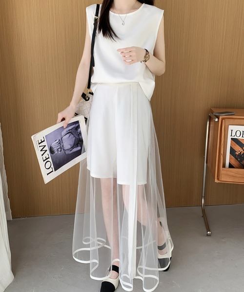ABITOKYO(アビトーキョー)の「ノースリーブブラウス&シアーメッシュスカパンセットアップ(セットアップ・レディース・ホワイト/ブラック/ブラウン・S/M)」の2枚目の写真