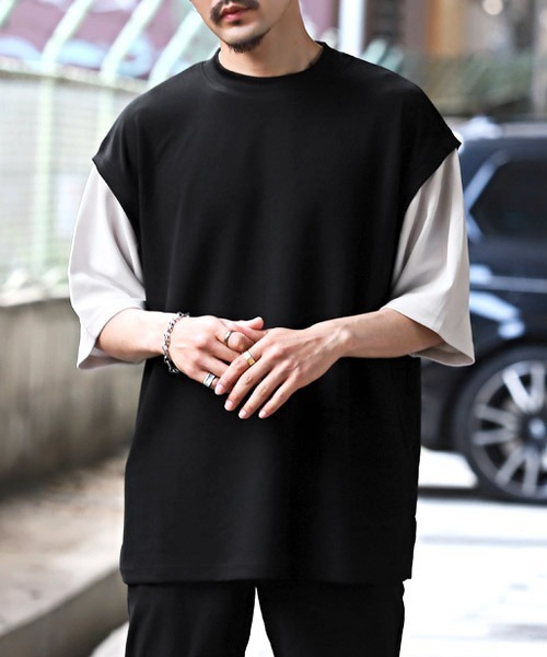 LUXSTYLE（ラグスタイル）の「カットジョーゼットフェイクレイヤードTシャツ（Tシャツ/カットソー・メンズ・ベージュ/ブルー/グレー/ブラック・L/M）」の2枚目の写真