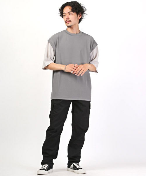 LUXSTYLE（ラグスタイル）の「カットジョーゼットフェイクレイヤードTシャツ（Tシャツ/カットソー・メンズ・ベージュ/ブルー/グレー/ブラック・L/M）」の9枚目の写真