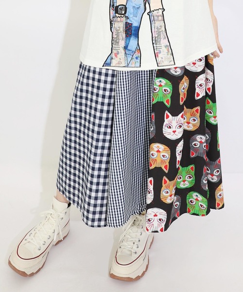 スカラー　scolar 143756：花ネコ柄切替チェック柄スカート ScoLar 花ネコ柄切替チェック柄スカート レディース
