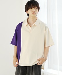 【MinoriTY】さらさら梨地素材バイカラー切り替えビッグポロシャツ 半袖ポロシャツ オーバーサイズ メンズ ルーズシルエット 夏服