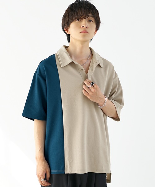 [24ss]カラー☆異素材切り替えアシンメトリーポロシャツ 完売品 希少カラー MinoriTY】さらさら梨地素材バイカラー切り替えビッグポロシャツ 半袖