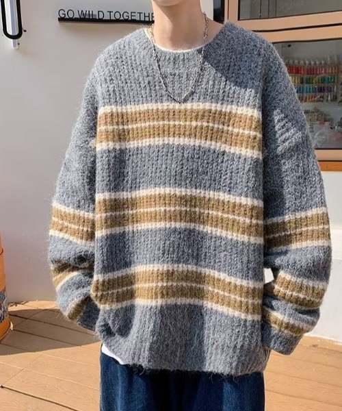 B.R.U（ブル）の「【ウィメンズ】個性派デザイン コントラストボーダーニット（ニット/セーター・メンズ・グレー/ブラック・FREE）」の8枚目の写真