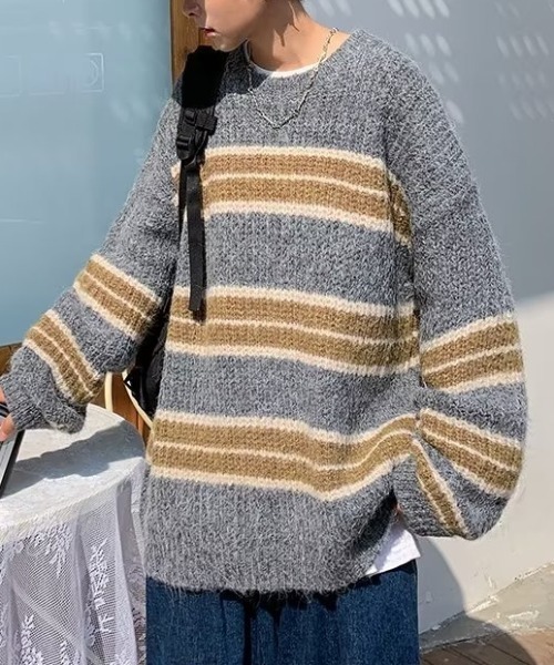 B.R.U（ブル）の「【ウィメンズ】個性派デザイン コントラストボーダーニット（ニット/セーター・メンズ・グレー/ブラック・FREE）」の13枚目の写真