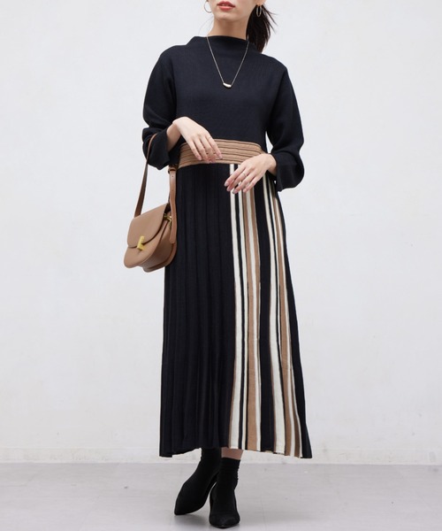 Chez toi（シェトワ）の「ストライプ切替ニットワンピ―ス（ワンピース・レディース・ライトグレー/ブラック/アイボリー・FREE）」の5枚目の写真