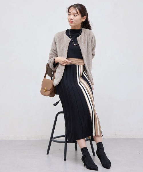 Chez toi（シェトワ）の「ストライプ切替ニットワンピ―ス（ワンピース・レディース・ライトグレー/ブラック/アイボリー・FREE）」の13枚目の写真