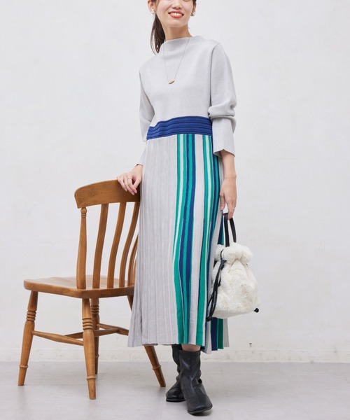 Chez toi（シェトワ）の「ストライプ切替ニットワンピ―ス（ワンピース・レディース・ライトグレー/ブラック/アイボリー・FREE）」の14枚目の写真