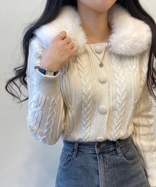 【モルガン】未使用♡アンゴラ混 ラビットファー襟 カーディガン ボレロショート丈 almo（アルモ）の「【LAMPOON】襟ファーカーディガン（カーディガン