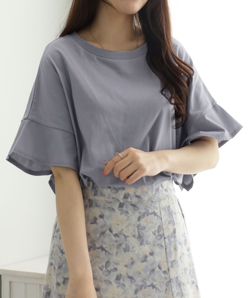 Viola e Viola(ヴィオラエヴィオラ)の「さらひやりコットン 袖異素材ゆるトップス(Tシャツ/カットソー・レディース・グレイッシュブルー/ブラック/ミント/ホワイト/モカ/オレンジ・5L/4L/L/M/3L/LL)」の5枚目の写真