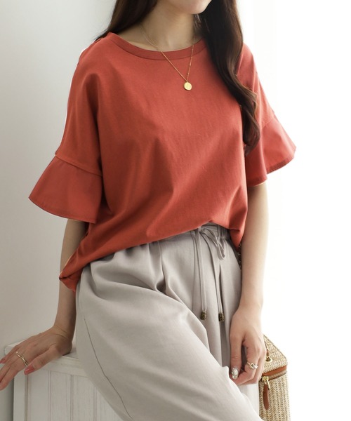 Viola e Viola(ヴィオラエヴィオラ)の「さらひやりコットン 袖異素材ゆるトップス(Tシャツ/カットソー・レディース・グレイッシュブルー/ブラック/ミント/ホワイト/モカ/オレンジ・5L/4L/L/M/3L/LL)」の6枚目の写真