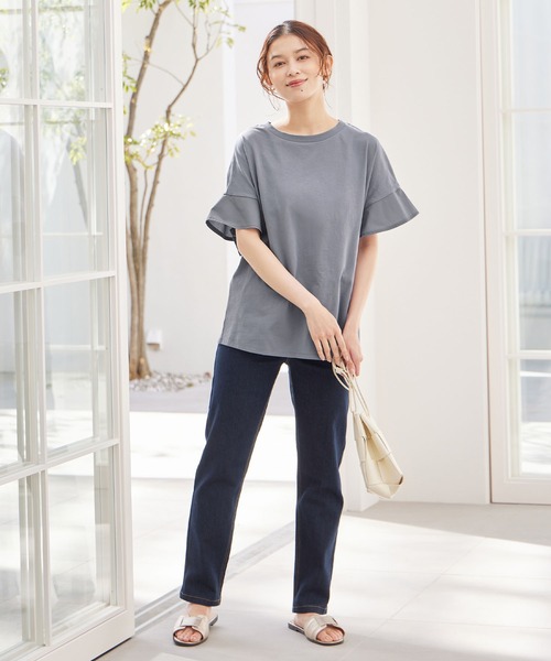 Viola e Viola(ヴィオラエヴィオラ)の「さらひやりコットン 袖異素材ゆるトップス(Tシャツ/カットソー・レディース・グレイッシュブルー/ブラック/ミント/ホワイト/モカ/オレンジ・5L/4L/L/M/3L/LL)」の12枚目の写真