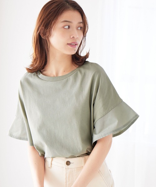 Viola e Viola(ヴィオラエヴィオラ)の「さらひやりコットン 袖異素材ゆるトップス(Tシャツ/カットソー・レディース・グレイッシュブルー/ブラック/ミント/ホワイト/モカ/オレンジ・5L/4L/L/M/3L/LL)」の9枚目の写真
