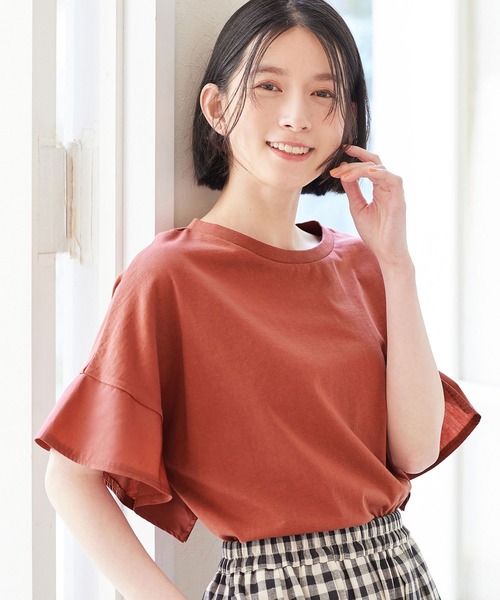 Viola e Viola(ヴィオラエヴィオラ)の「さらひやりコットン 袖異素材ゆるトップス(Tシャツ/カットソー・レディース・グレイッシュブルー/ブラック/ミント/ホワイト/モカ/オレンジ・5L/4L/L/M/3L/LL)」の17枚目の写真