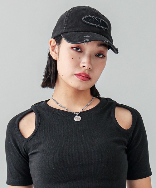 X-girl（エックスガール）の「DISTRESSED 6PANEL CAP（キャップ・レディース・ピンク/チャコール・ONE SIZE）」の3枚目の写真