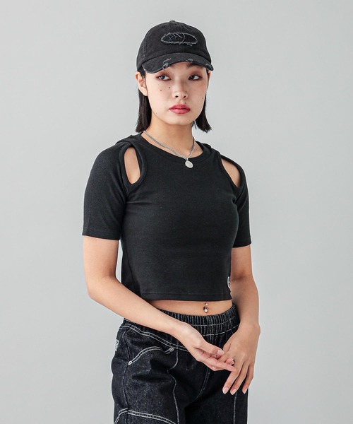 X-girl（エックスガール）の「DISTRESSED 6PANEL CAP（キャップ・レディース・ピンク/チャコール・ONE SIZE）」の4枚目の写真