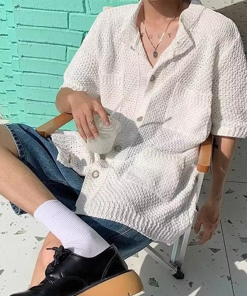 Theater code(シアターコード)の「▲knit short sleeve shirt / ニット 半袖 シャツ(シャツ/ブラウス・メンズ・ブラック/ホワイト・3/2)」の3枚目の写真