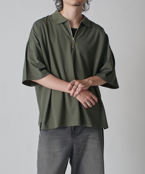 Lui's（ルイス）の「ハーフZIP半袖ポンチプルオーバー（Tシャツ/カットソー・メンズ・ブラック/オリーブ/オフホワイト・FREE）」の3枚目の写真