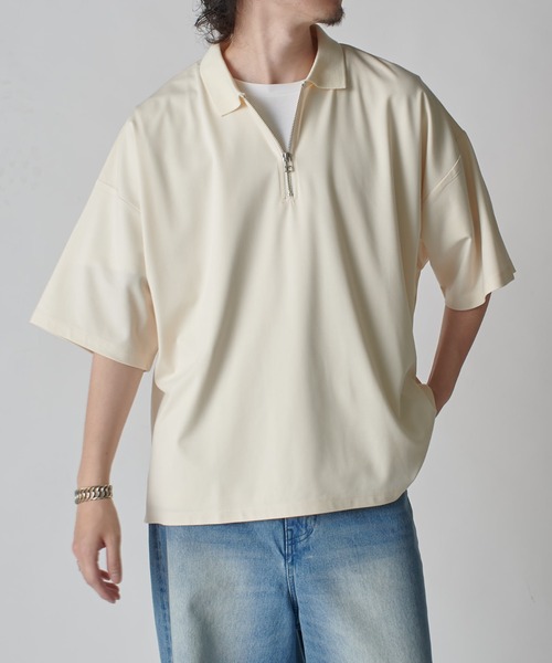 Lui's（ルイス）の「ハーフZIP半袖ポンチプルオーバー（Tシャツ/カットソー・メンズ・ブラック/オリーブ/オフホワイト・FREE）」の4枚目の写真