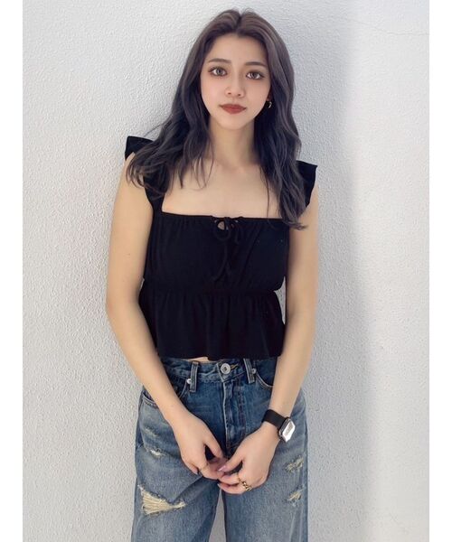 GYDA（ジェイダ）の「リボンフレアリブトップス（Tシャツ/カットソー・レディース・レッド/ブラック/オフホワイト・FREE）」の2枚目の写真