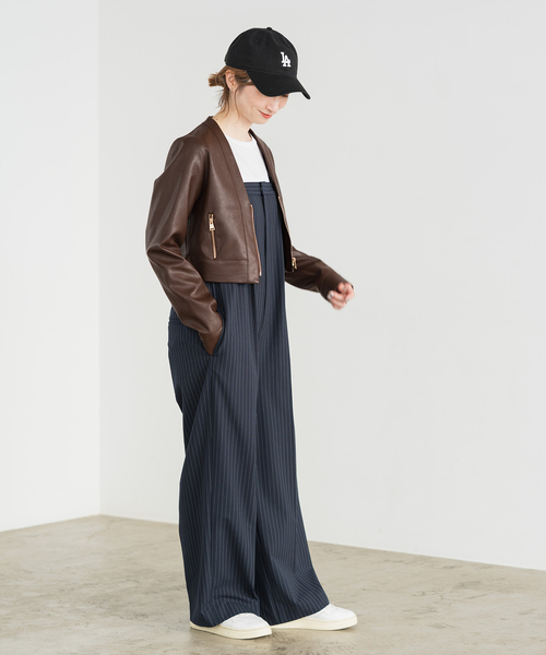 Spick & Span（スピックアンドスパン）の「フェイクレザージップブルゾン（ライダースジャケット・レディース・ブラウン/ベージュ・FREE）」の4枚目の写真