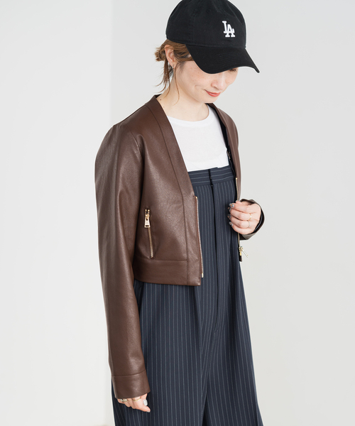 Spick & Span（スピックアンドスパン）の「フェイクレザージップブルゾン（ライダースジャケット・レディース・ブラウン/ベージュ・FREE）」の7枚目の写真